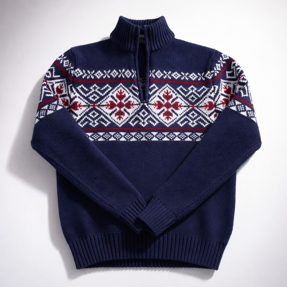 IZOD Navy Fair Isle Snowflake Quarter Zip Sweater Preppy Casual Winter-S